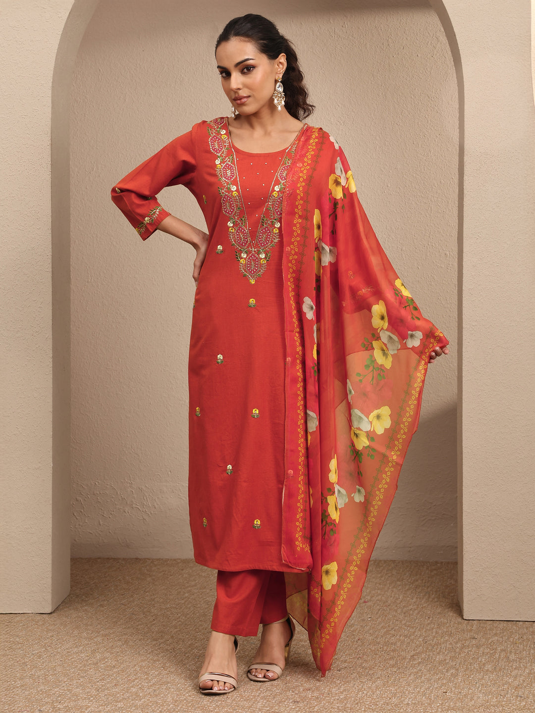  Orange Embroidered Cotton Straight Suit Set With Dupatta 