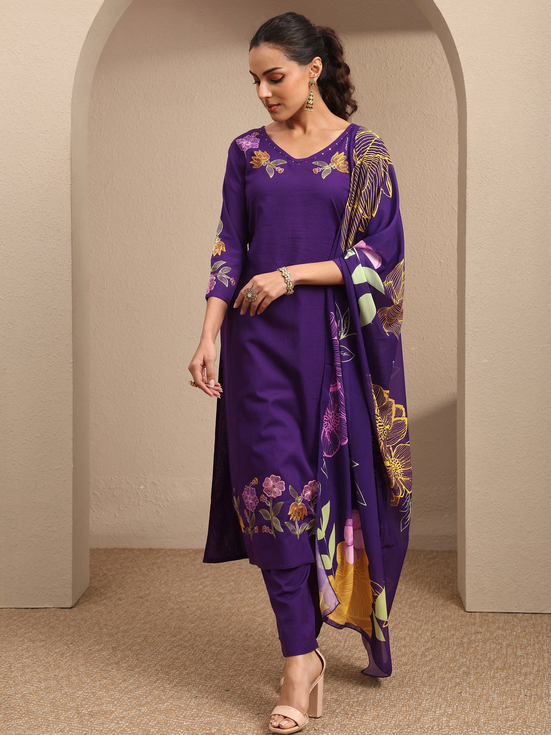  Purple Embroidered Cotton Straight Suit Set With Dupatta 