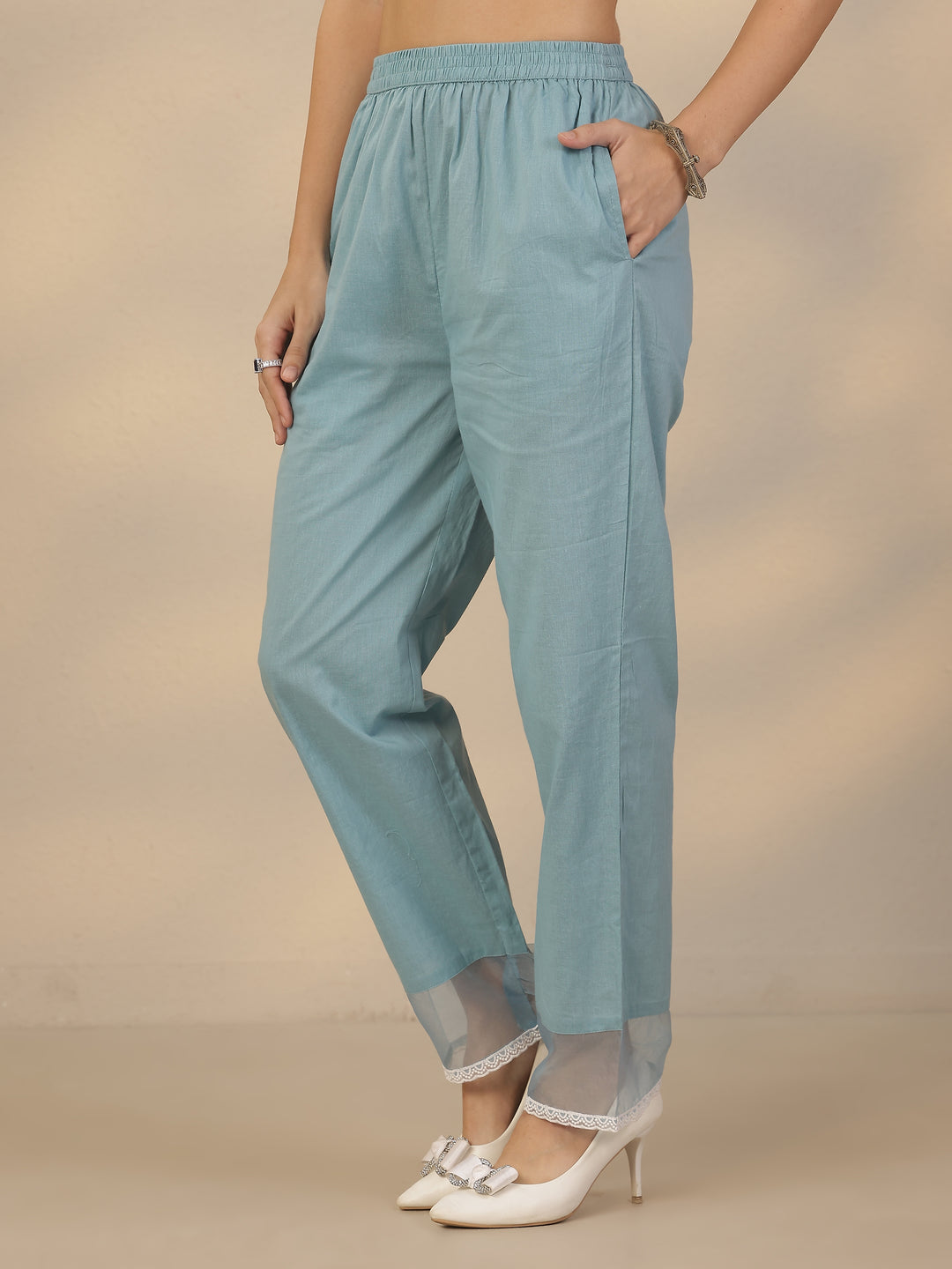  Blue Embroidered Cotton Straight Suit Set With Dupatta 