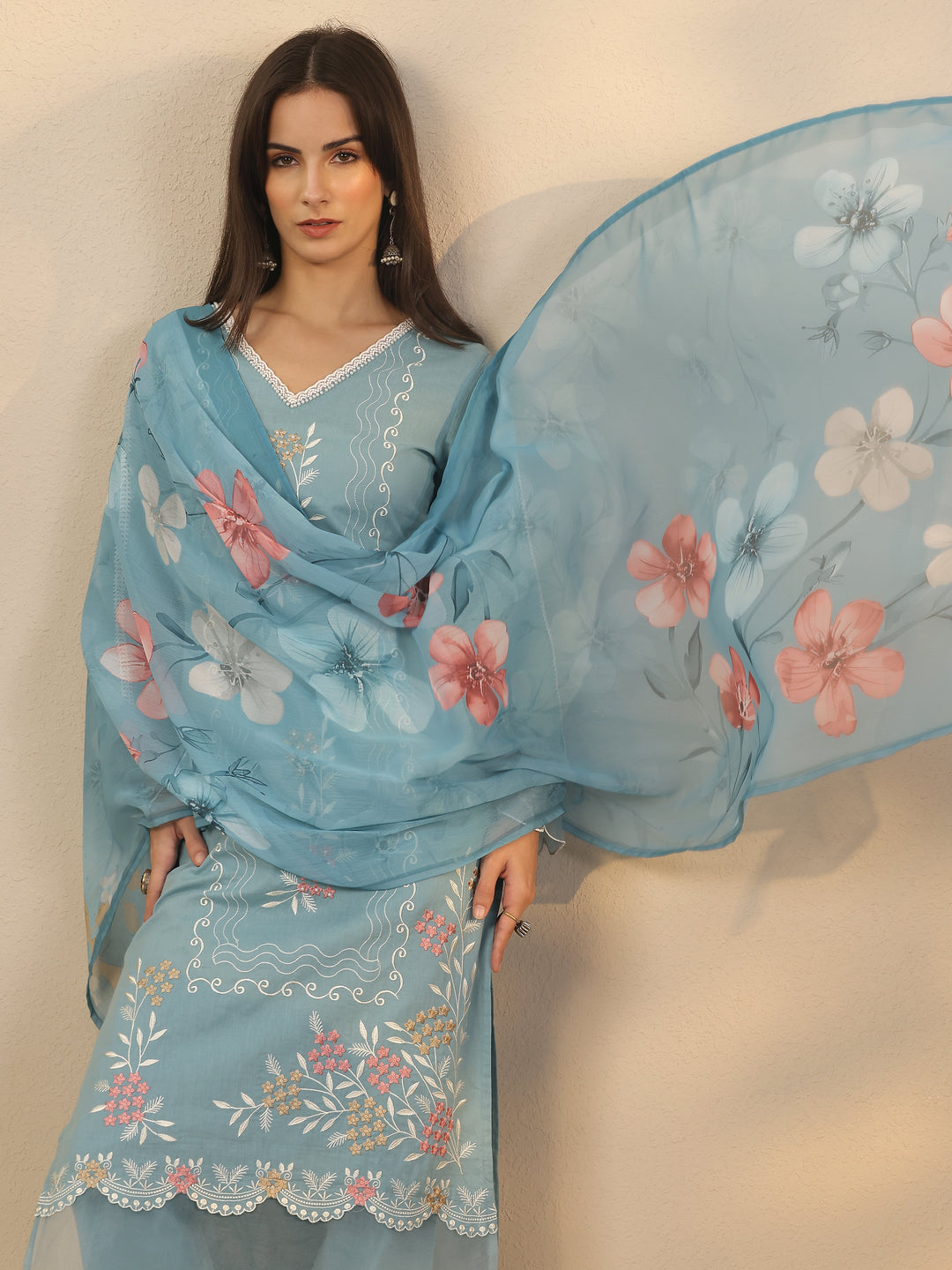  Blue Embroidered Cotton Straight Suit Set With Dupatta 
