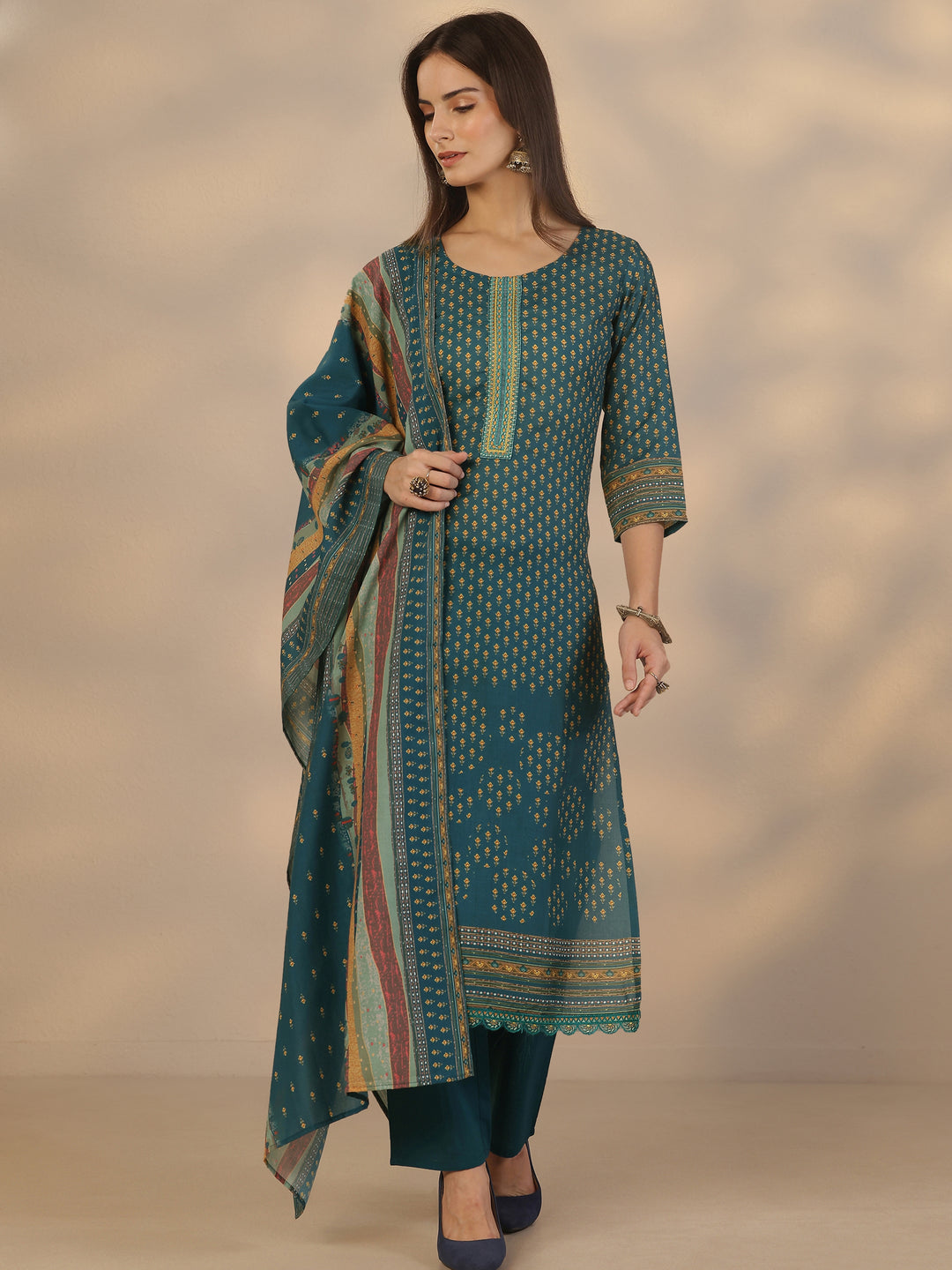  Blue Printed Cotton Straight Suit Set With Dupatta 