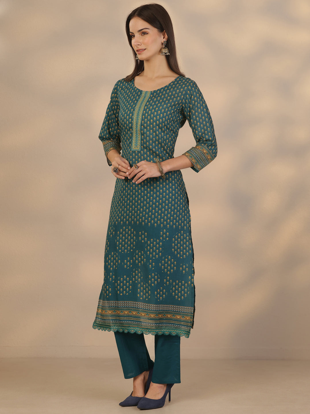  Blue Printed Cotton Straight Suit Set With Dupatta 