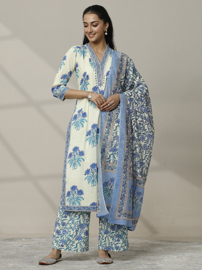 Libas Off white Printed Cotton Straight Suit Set With Dupatta