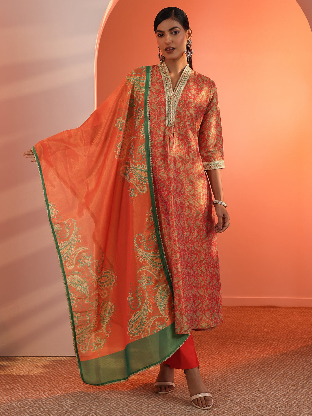  Orange Printed Silk Blend Straight Suit Set With Dupatta 