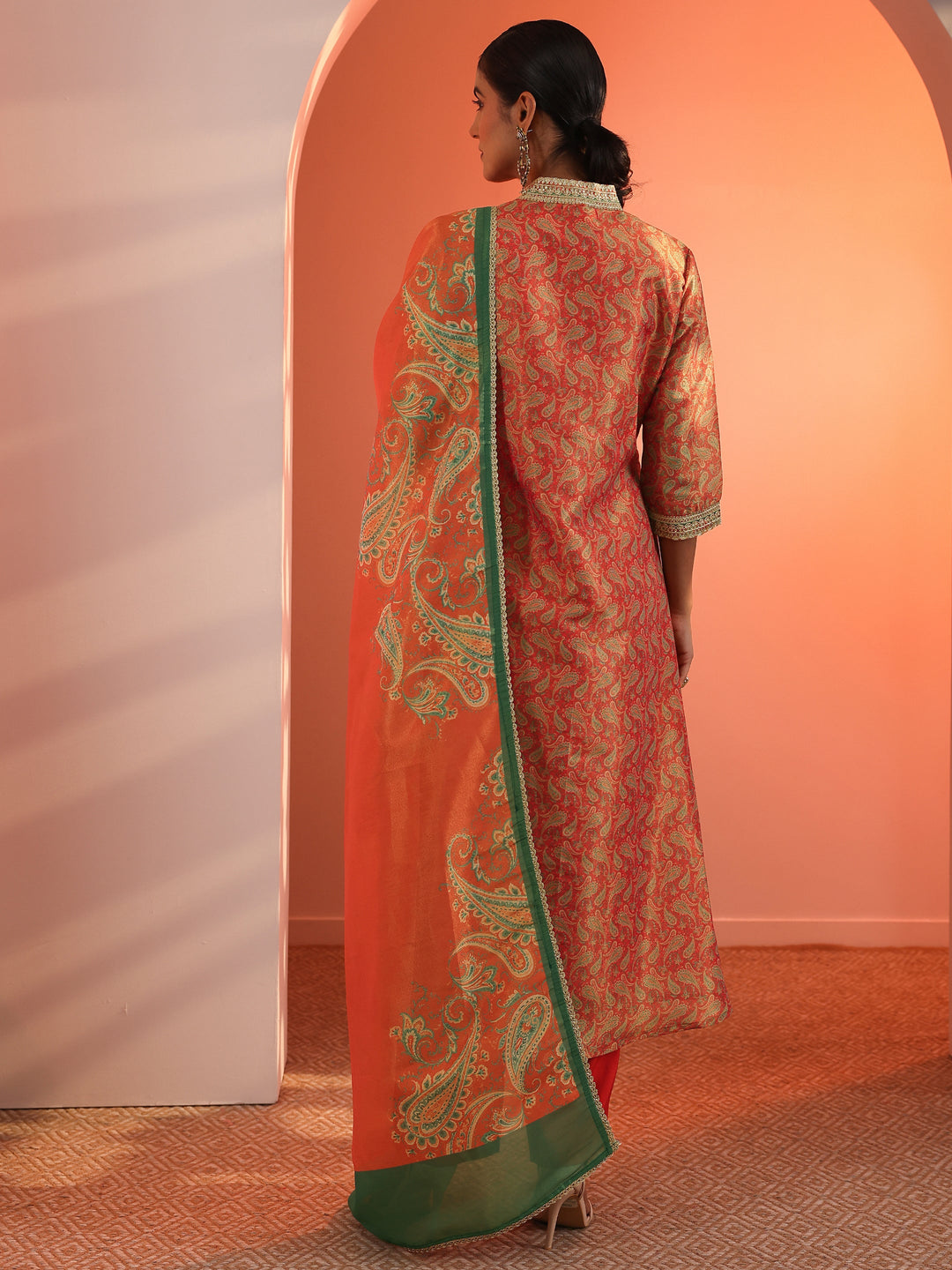  Orange Printed Silk Blend Straight Suit Set With Dupatta 