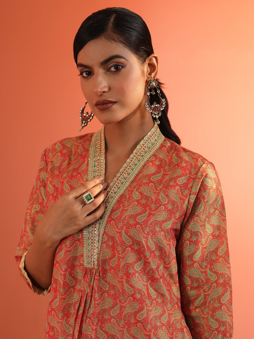  Orange Printed Silk Blend Straight Suit Set With Dupatta 