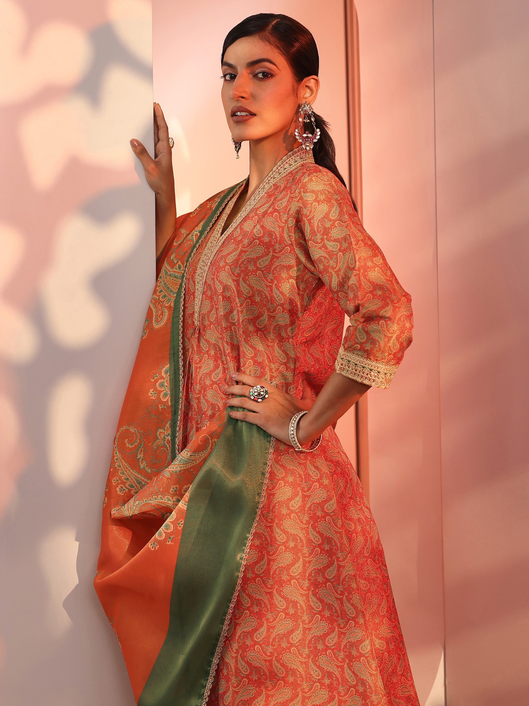 libas Orange Printed Silk Blend Straight Suit Set With Dupatta-picture-67