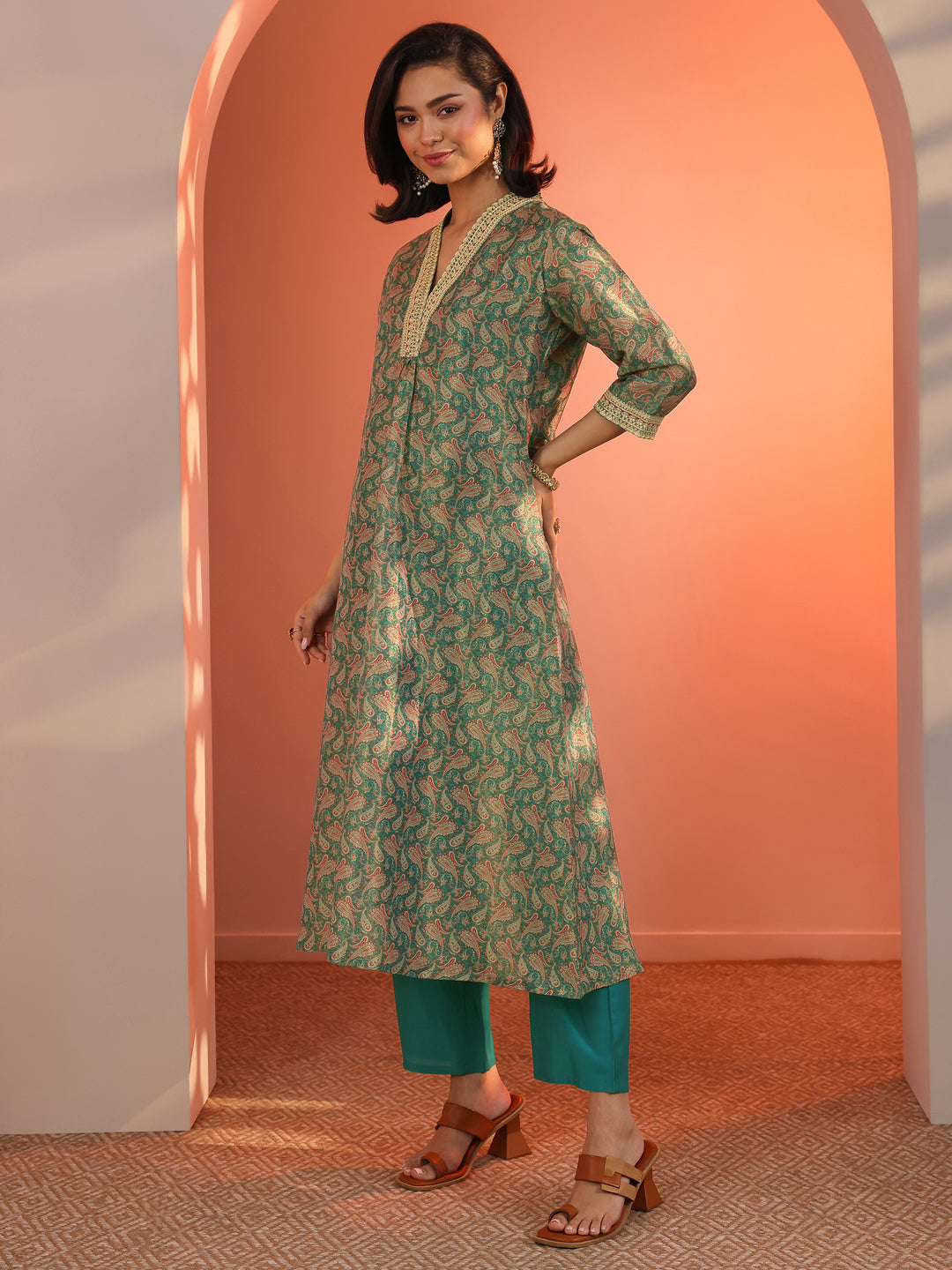  Teal Printed Silk Blend A-Line Suit Set With Dupatta 