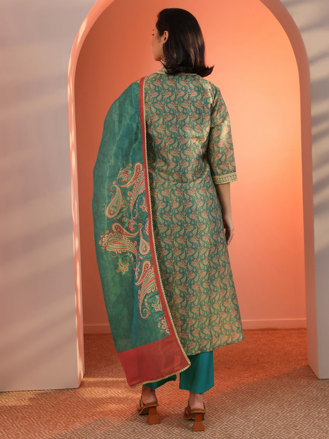  Teal Printed Silk Blend A-Line Suit Set With Dupatta 