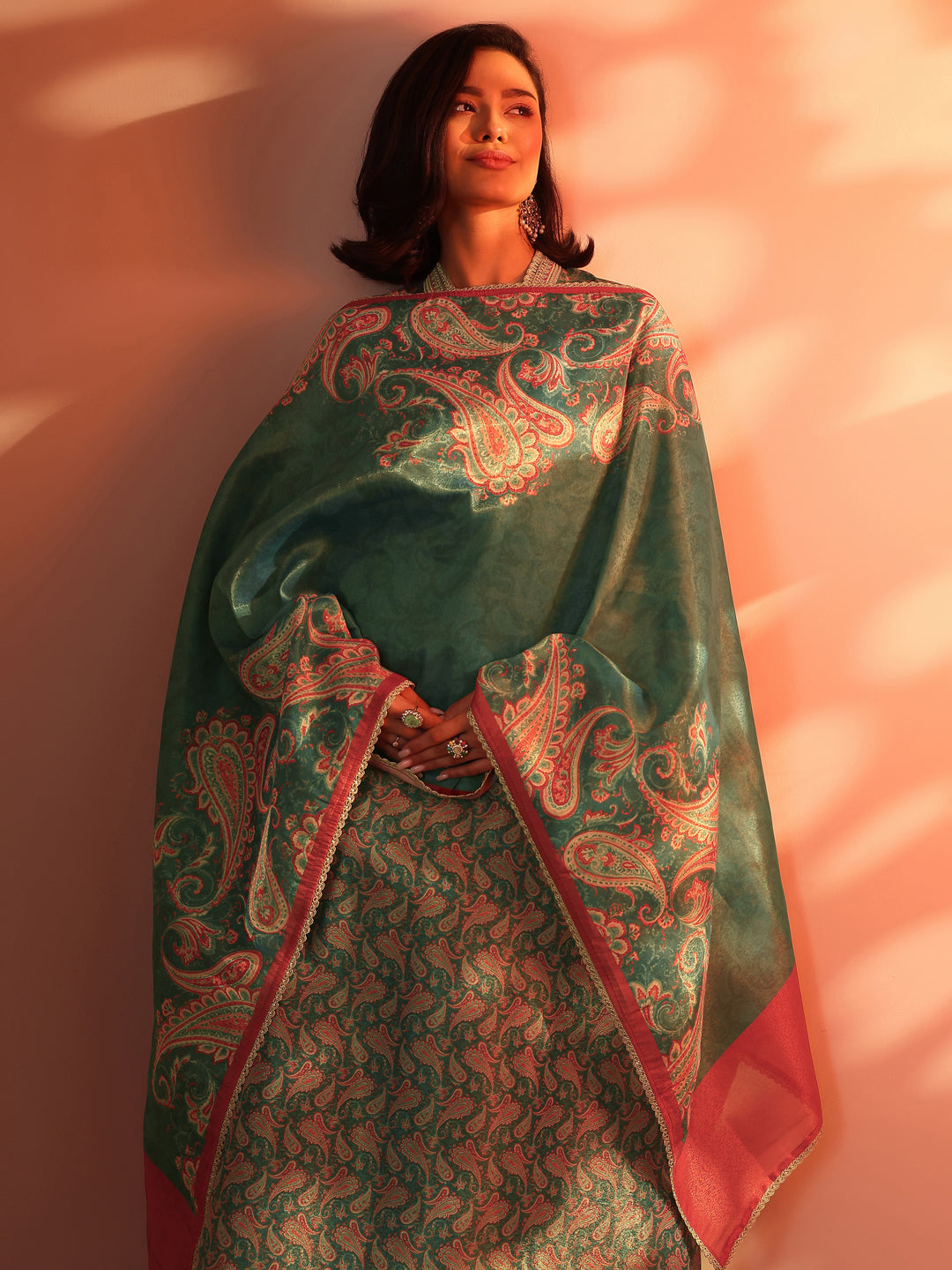 Teal Printed Silk Blend A-Line Suit Set With Dupatta