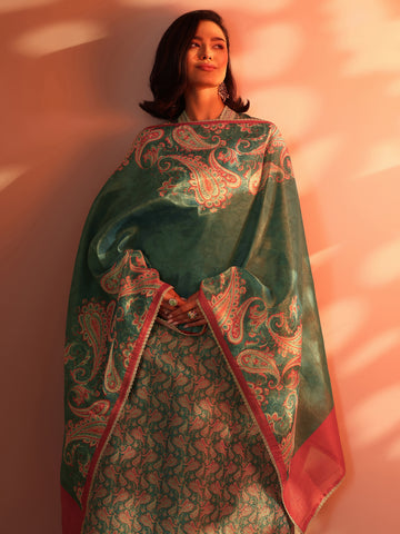 Teal Printed Silk Blend A-Line Suit Set With Dupatta