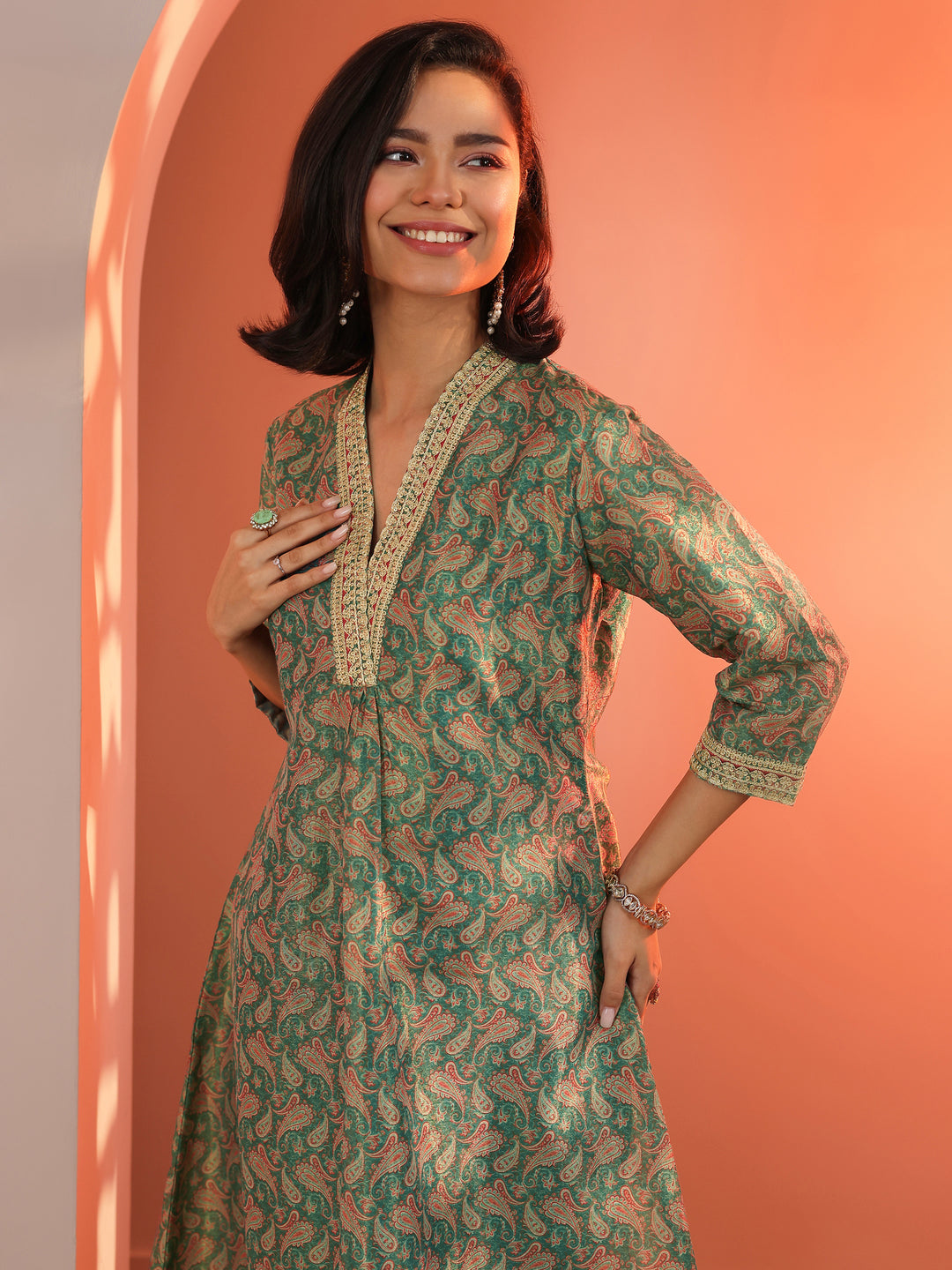  Teal Printed Silk Blend A-Line Suit Set With Dupatta 