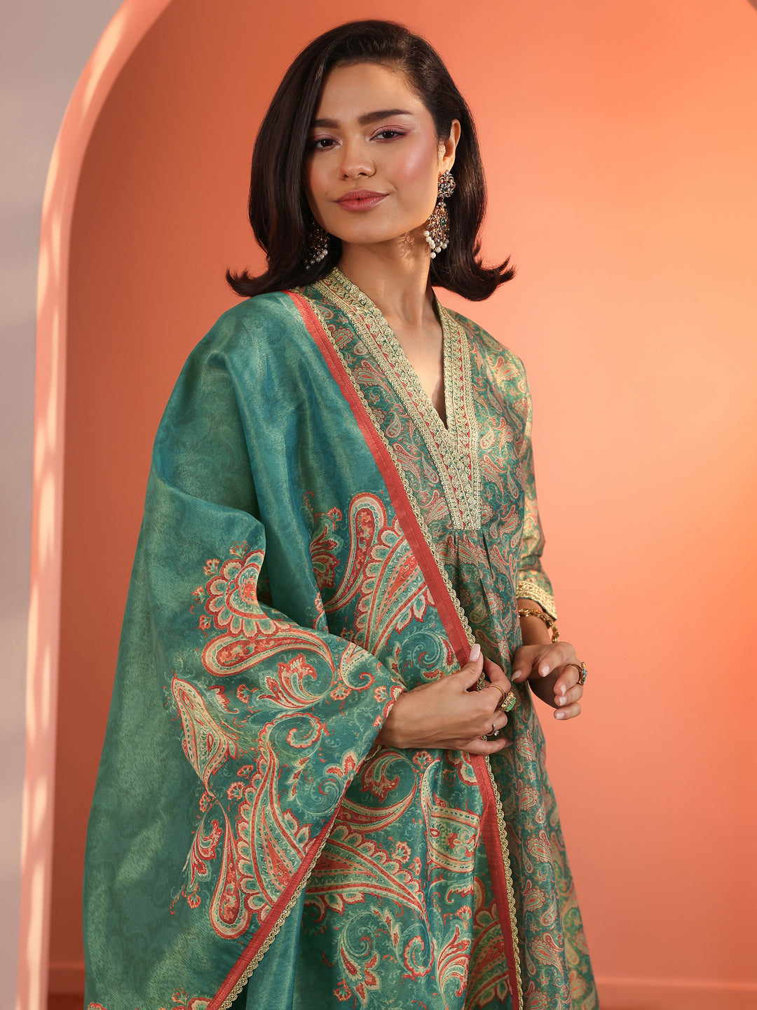  Teal Printed Silk Blend A-Line Suit Set With Dupatta 