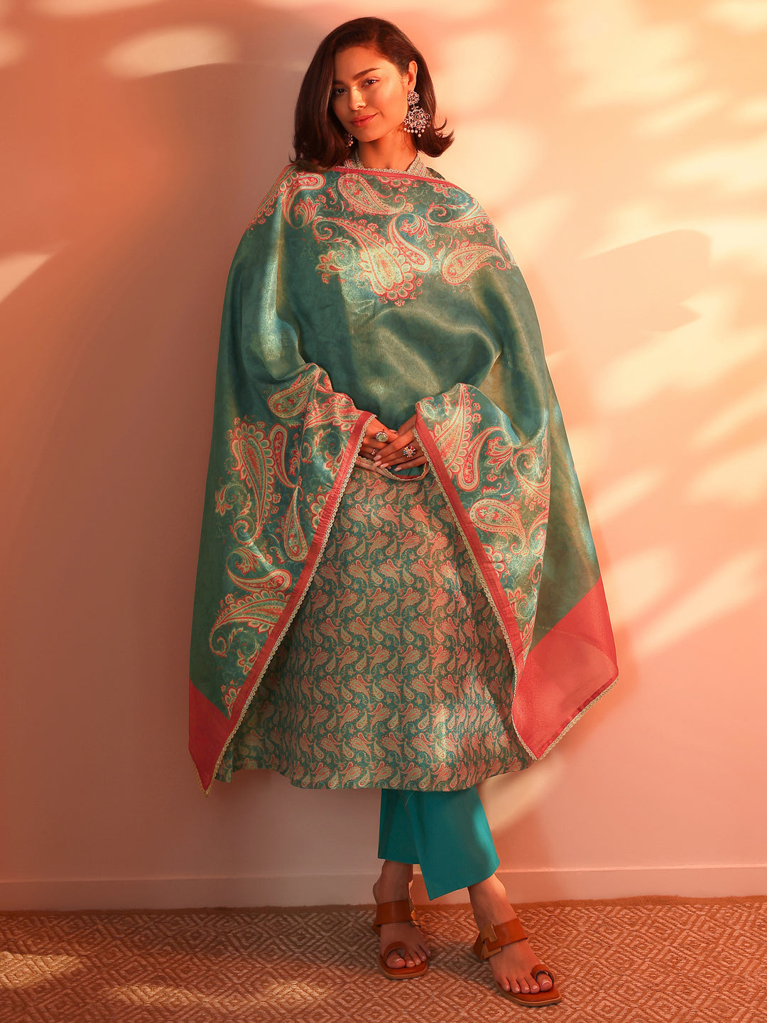  Teal Printed Silk Blend A-Line Suit Set With Dupatta 