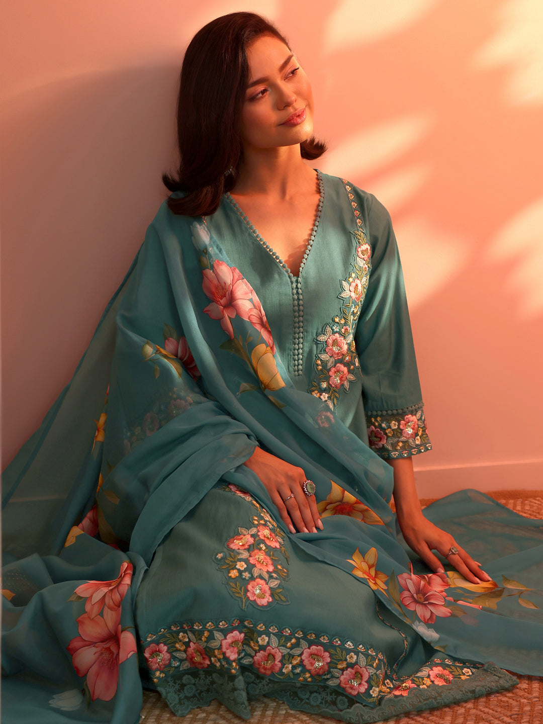 Blue Embroidered Silk Blend Straight Suit Set With Dupatta