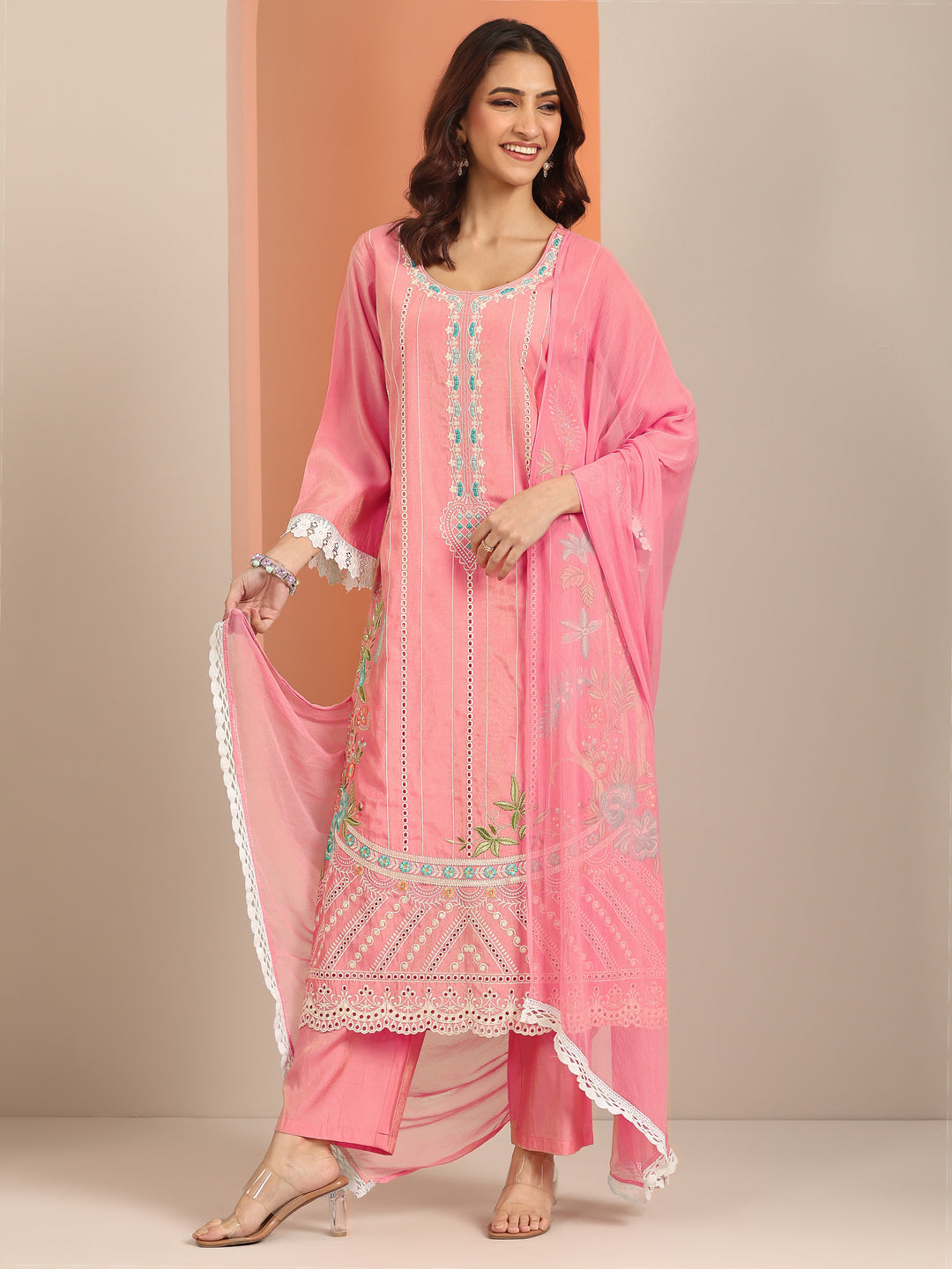  Peach Embroidered Silk Blend Straight Suit Set With Dupatta 