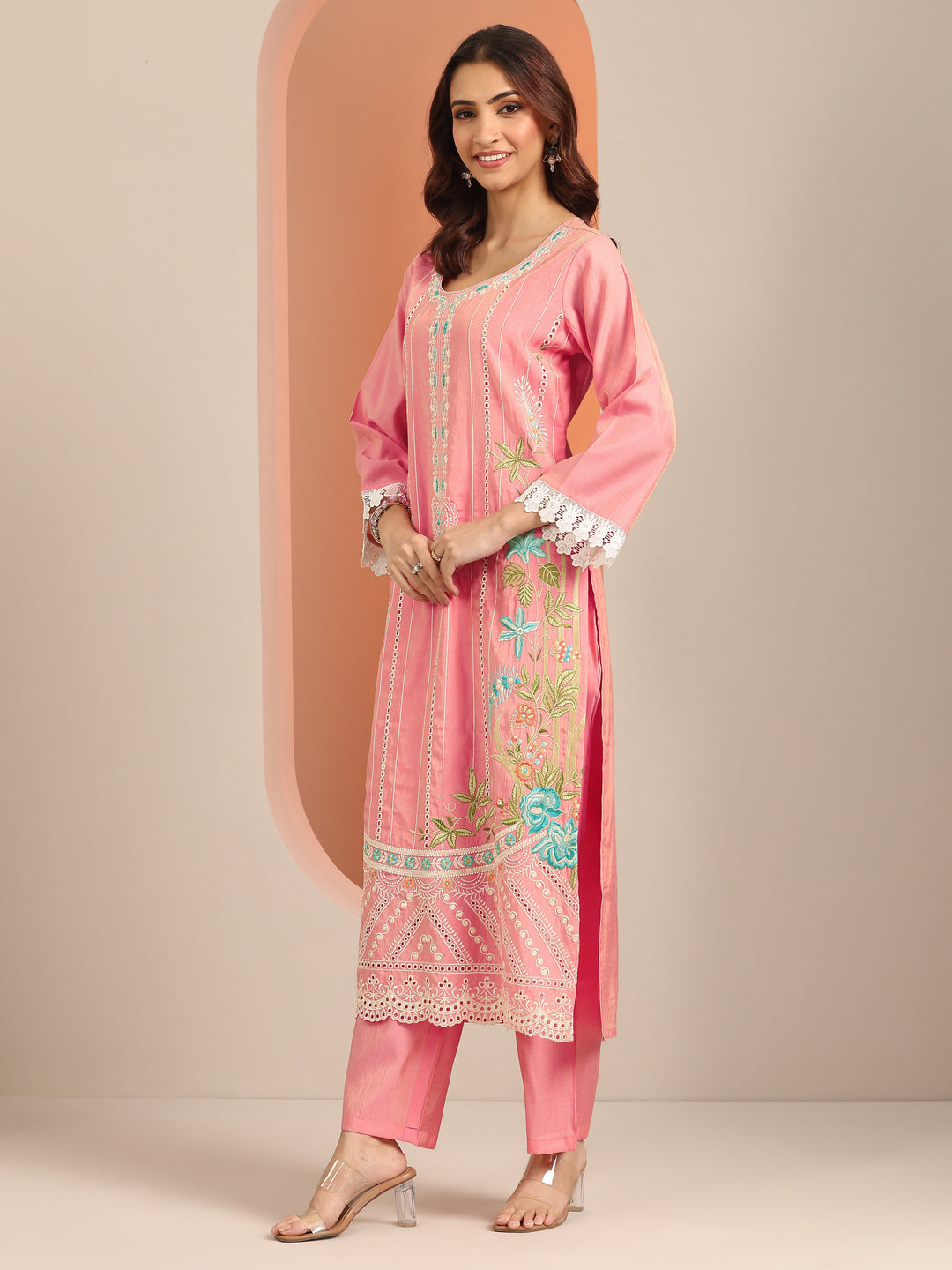  Peach Embroidered Silk Blend Straight Suit Set With Dupatta 