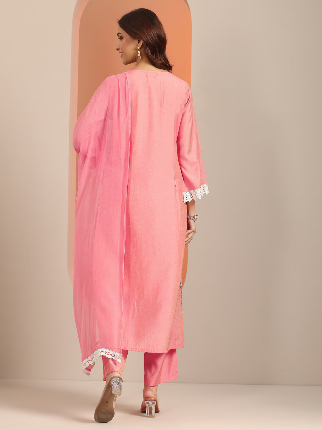  Peach Embroidered Silk Blend Straight Suit Set With Dupatta 