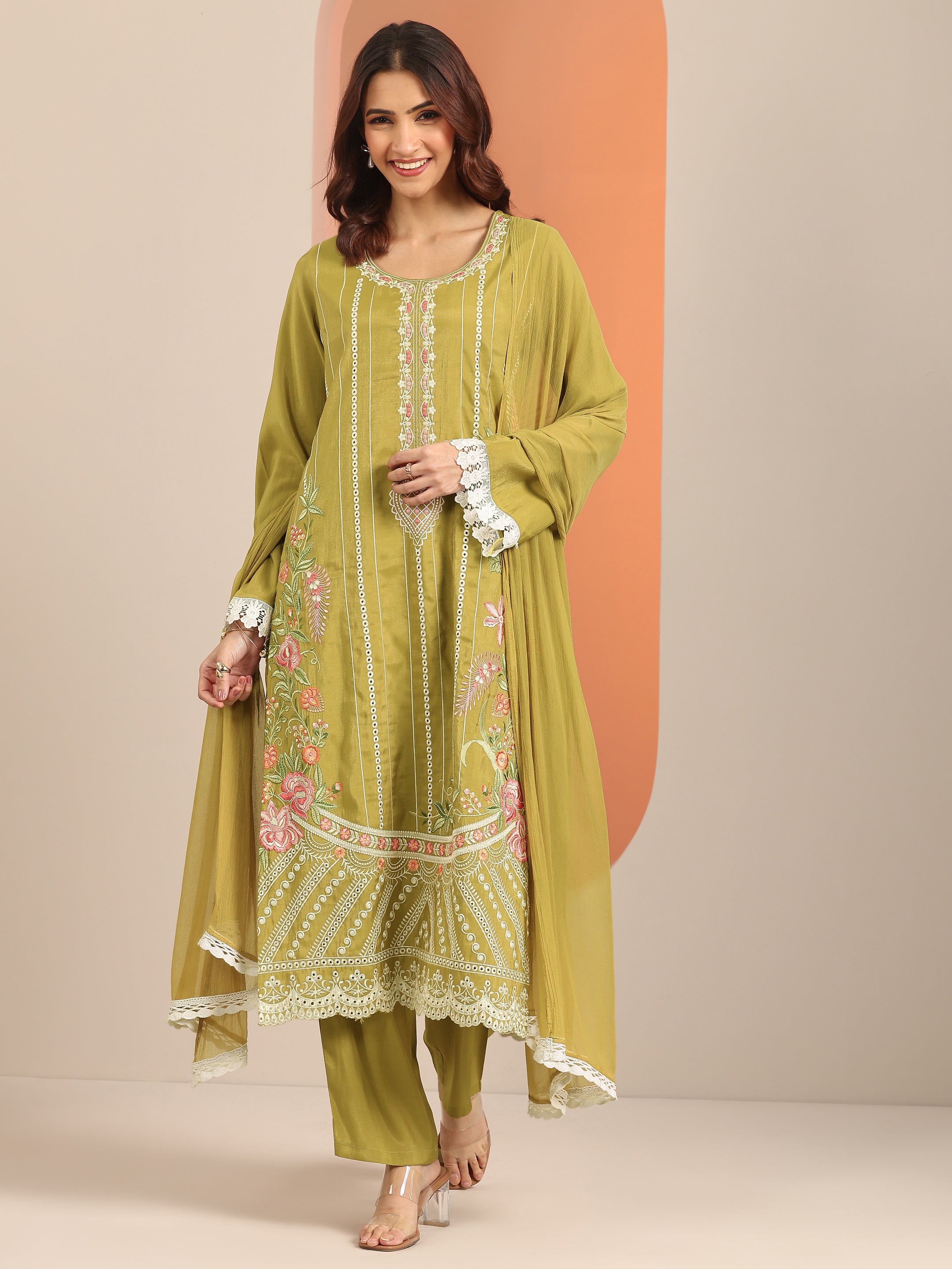 libas Green Embroidered Silk Blend Straight Suit Set With Dupatta-picture-43