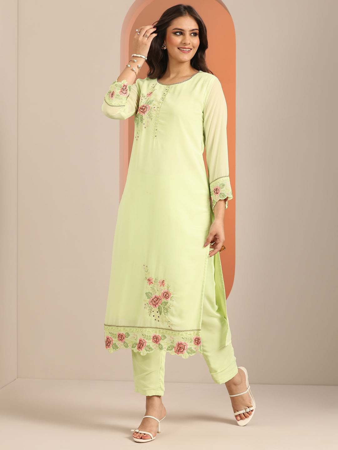  Green Embroidered Georgette Straight Suit Set With Dupatta 
