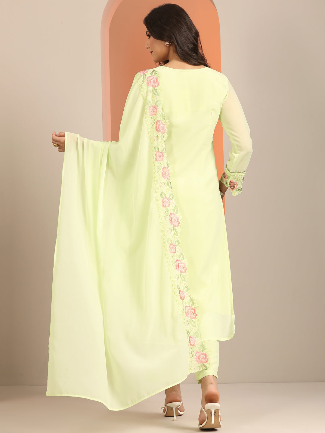  Green Embroidered Georgette Straight Suit Set With Dupatta 