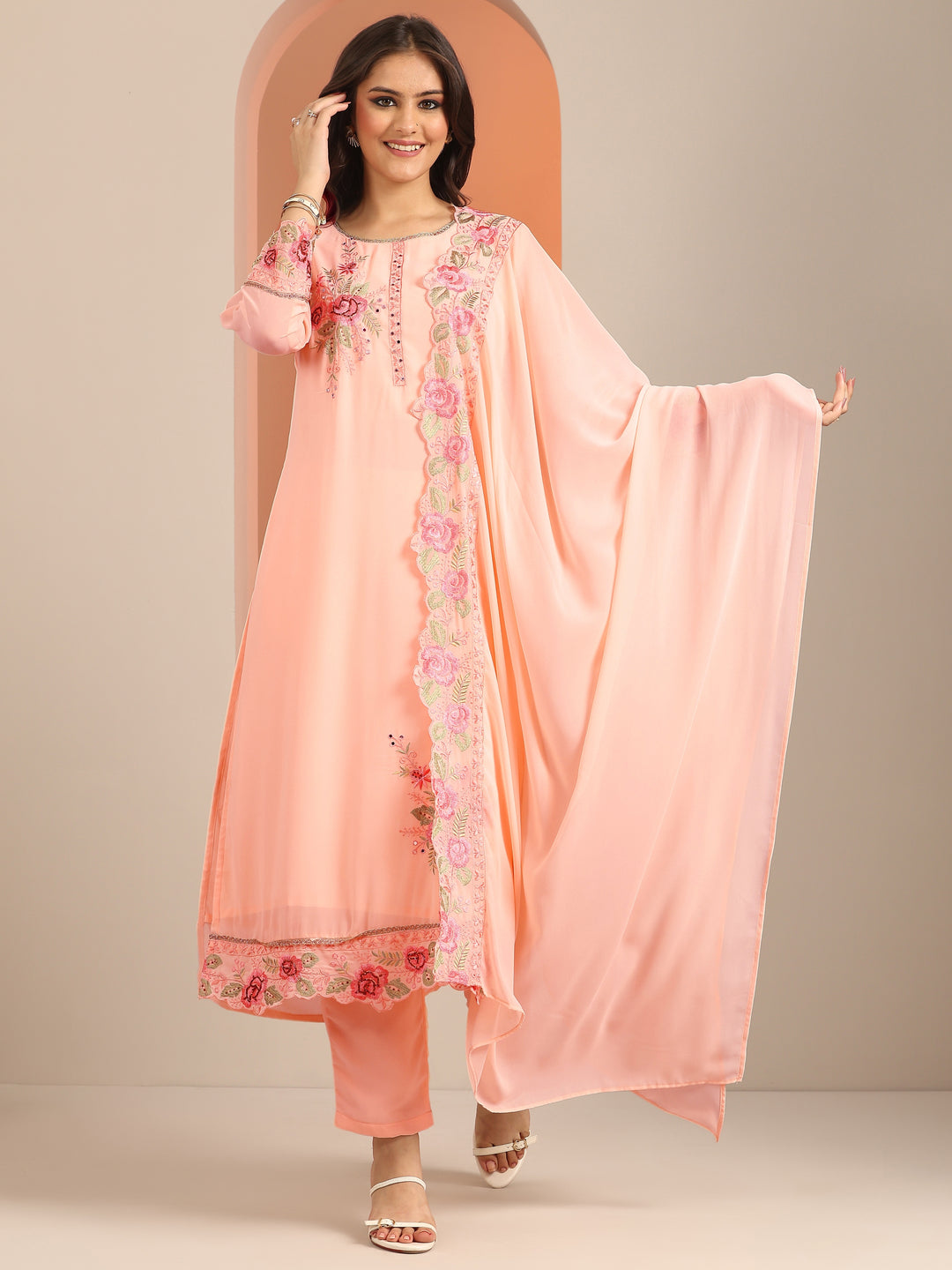  Peach Embroidered Georgette Straight Suit Set With Dupatta 