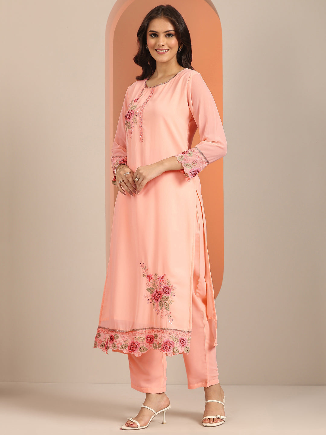  Peach Embroidered Georgette Straight Suit Set With Dupatta 