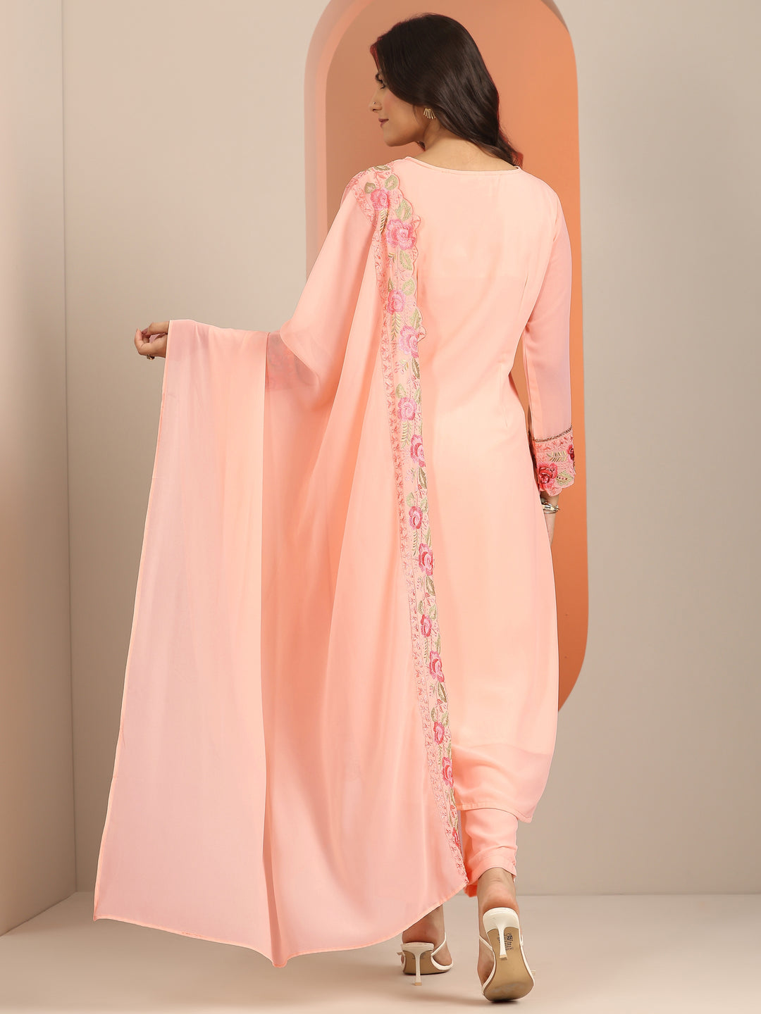  Peach Embroidered Georgette Straight Suit Set With Dupatta 