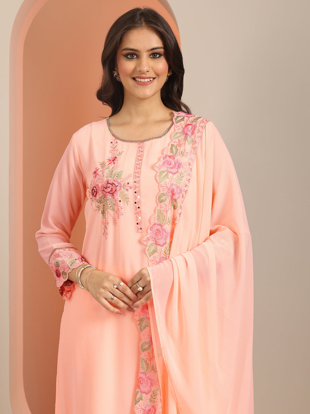  Peach Embroidered Georgette Straight Suit Set With Dupatta 