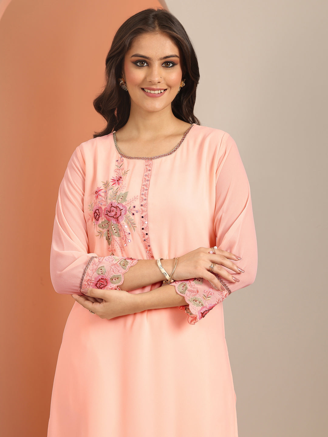  Peach Embroidered Georgette Straight Suit Set With Dupatta 