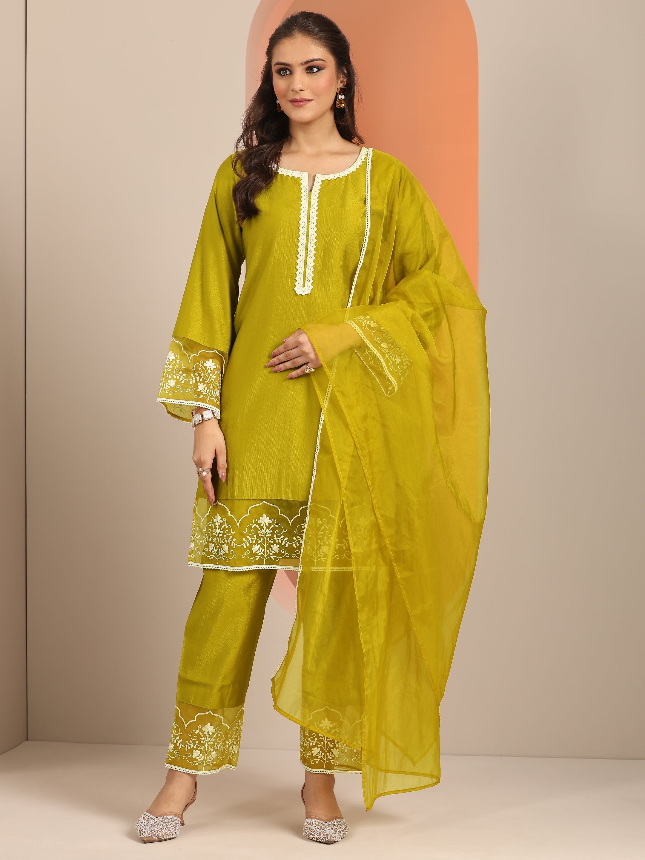 libas Green Embroidered Silk Blend Straight Suit Set With Dupatta-picture-46