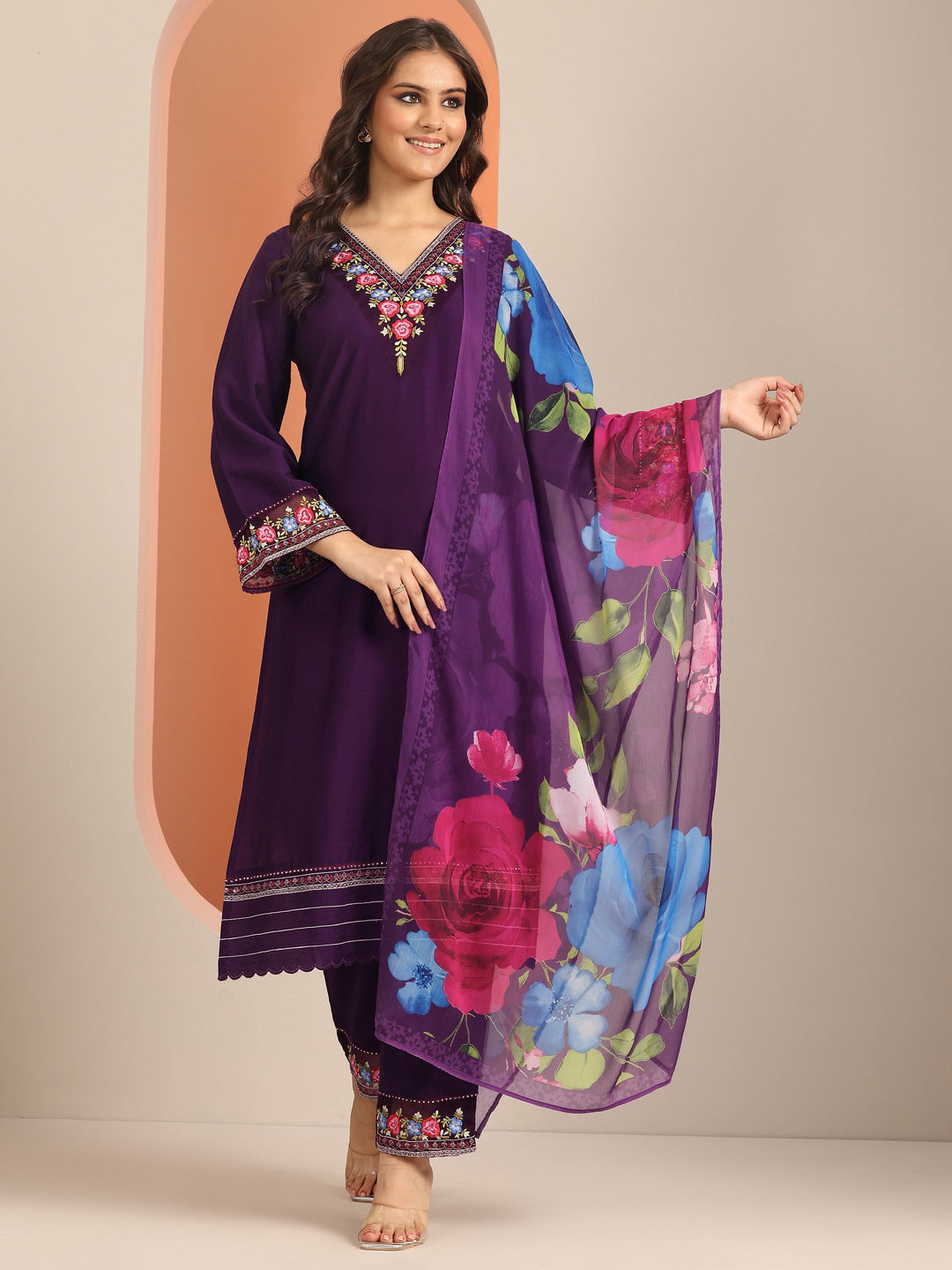  Purple Embroidered Silk Blend Straight Suit Set With Dupatta 