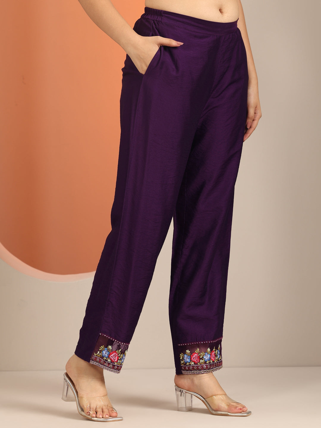  Purple Embroidered Silk Blend Straight Suit Set With Dupatta 