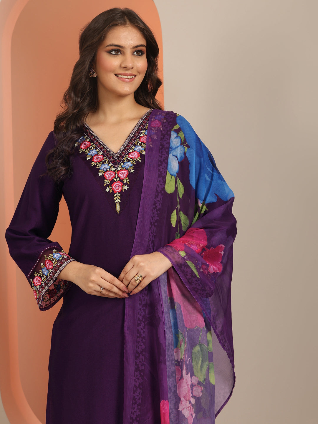  Purple Embroidered Silk Blend Straight Suit Set With Dupatta 