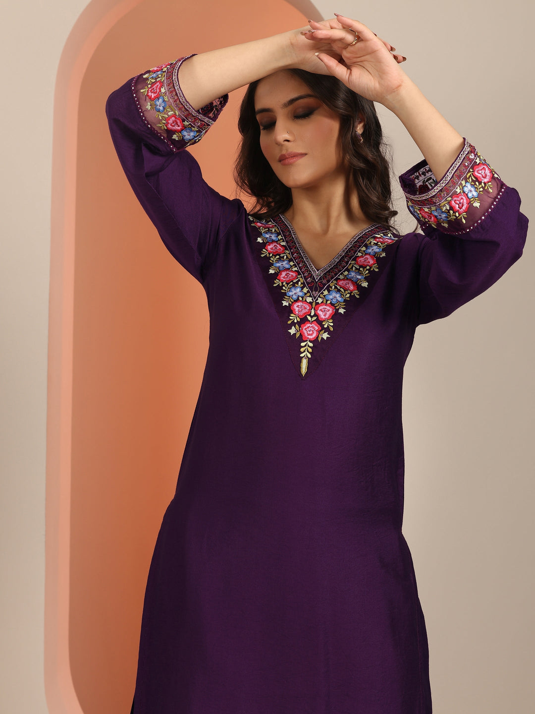  Purple Embroidered Silk Blend Straight Suit Set With Dupatta 