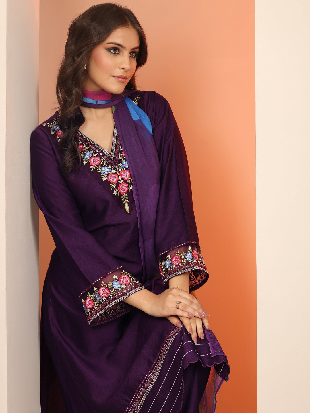  Purple Embroidered Silk Blend Straight Suit Set With Dupatta 