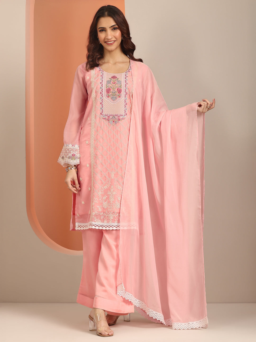  Pink Embroidered Organza Straight Suit Set With Dupatta 