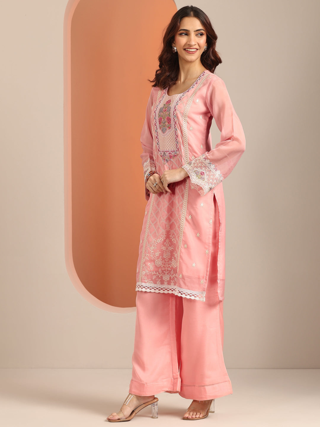  Pink Embroidered Organza Straight Suit Set With Dupatta 