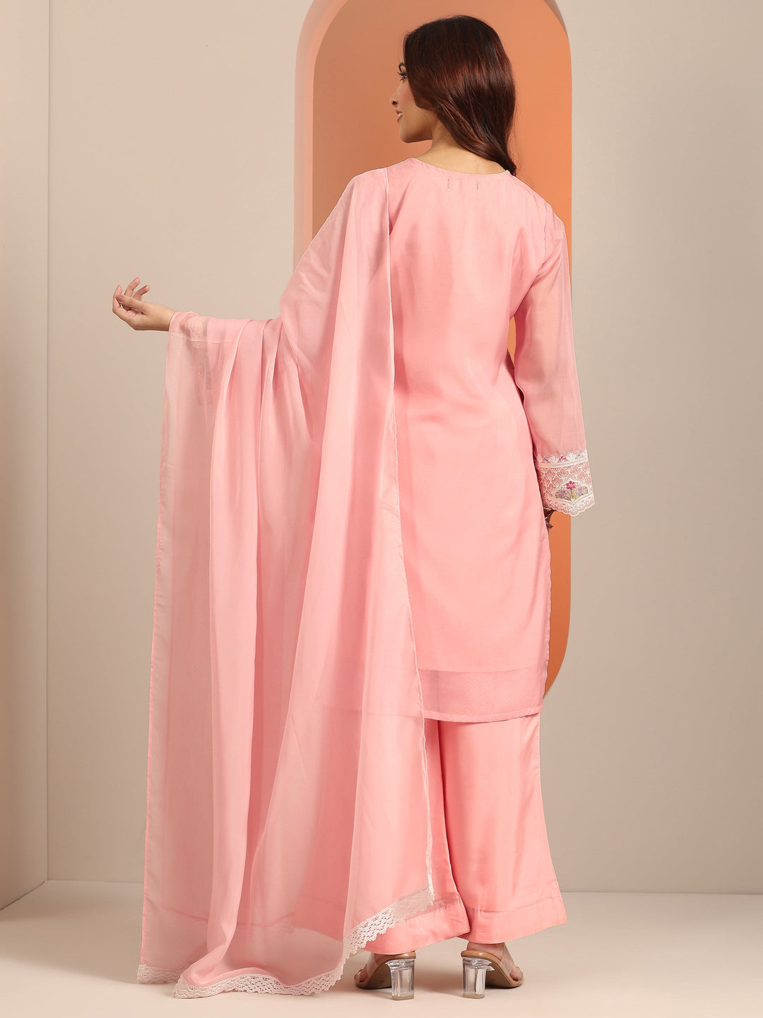  Pink Embroidered Organza Straight Suit Set With Dupatta 