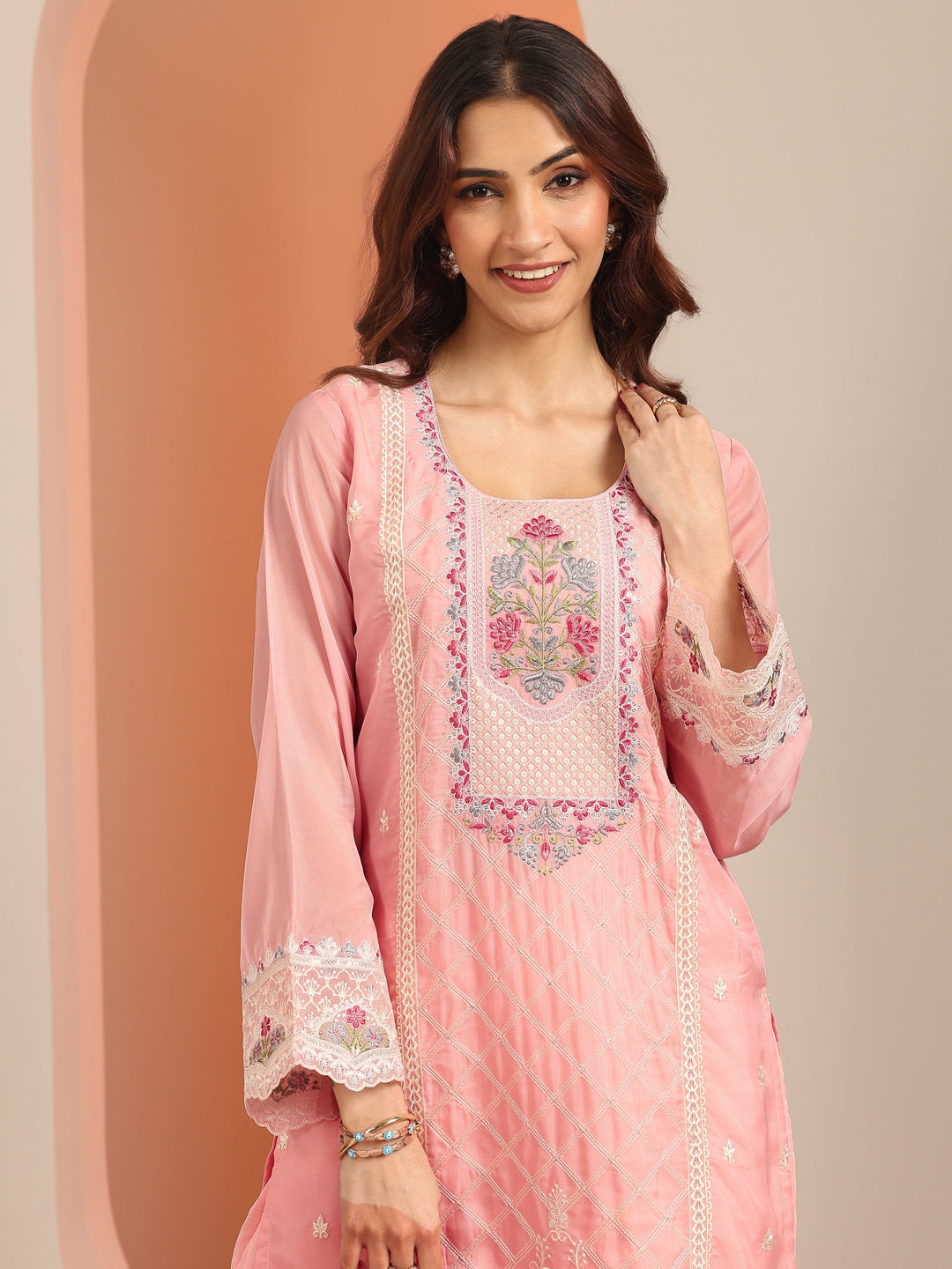  Pink Embroidered Organza Straight Suit Set With Dupatta 