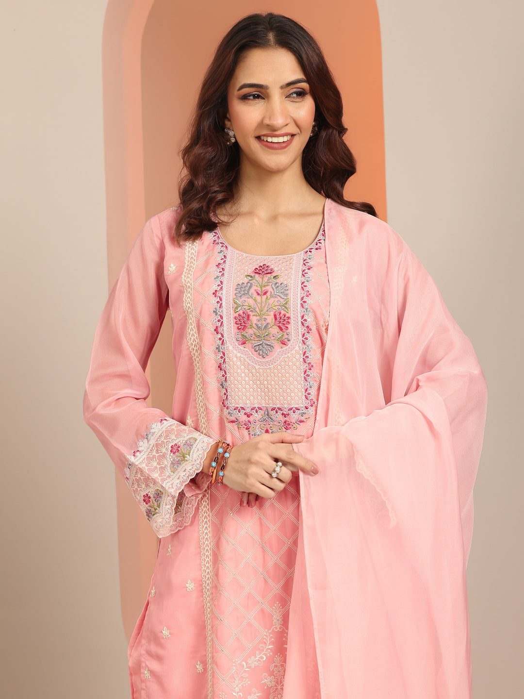  Pink Embroidered Organza Straight Suit Set With Dupatta 