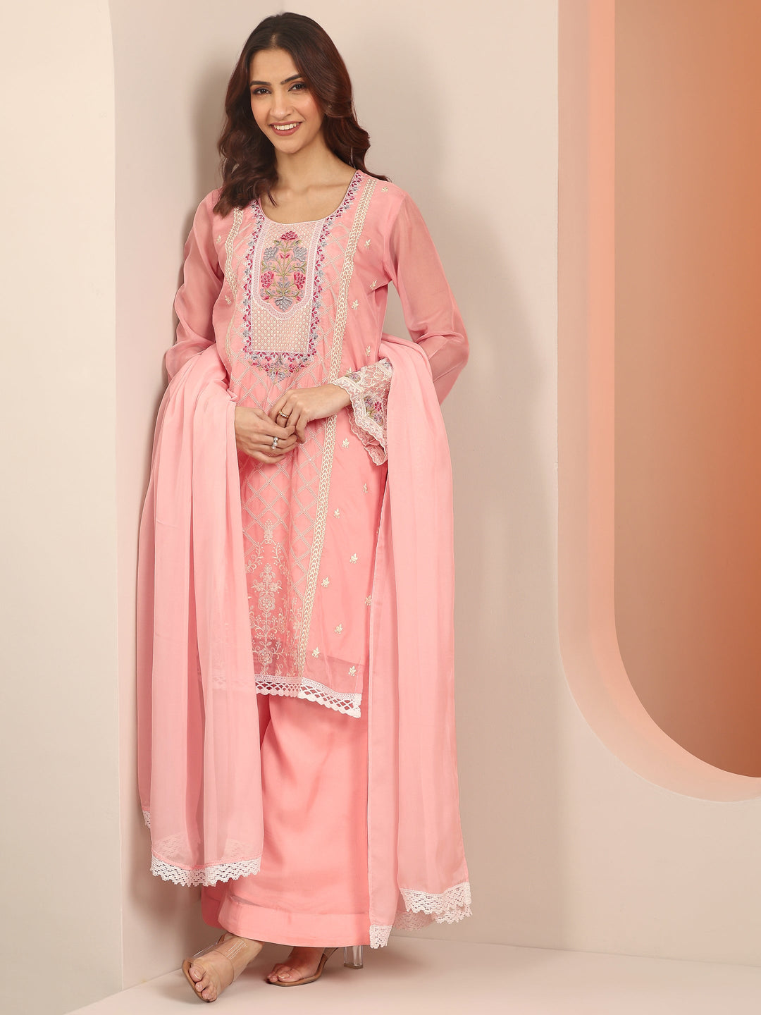  Pink Embroidered Organza Straight Suit Set With Dupatta 