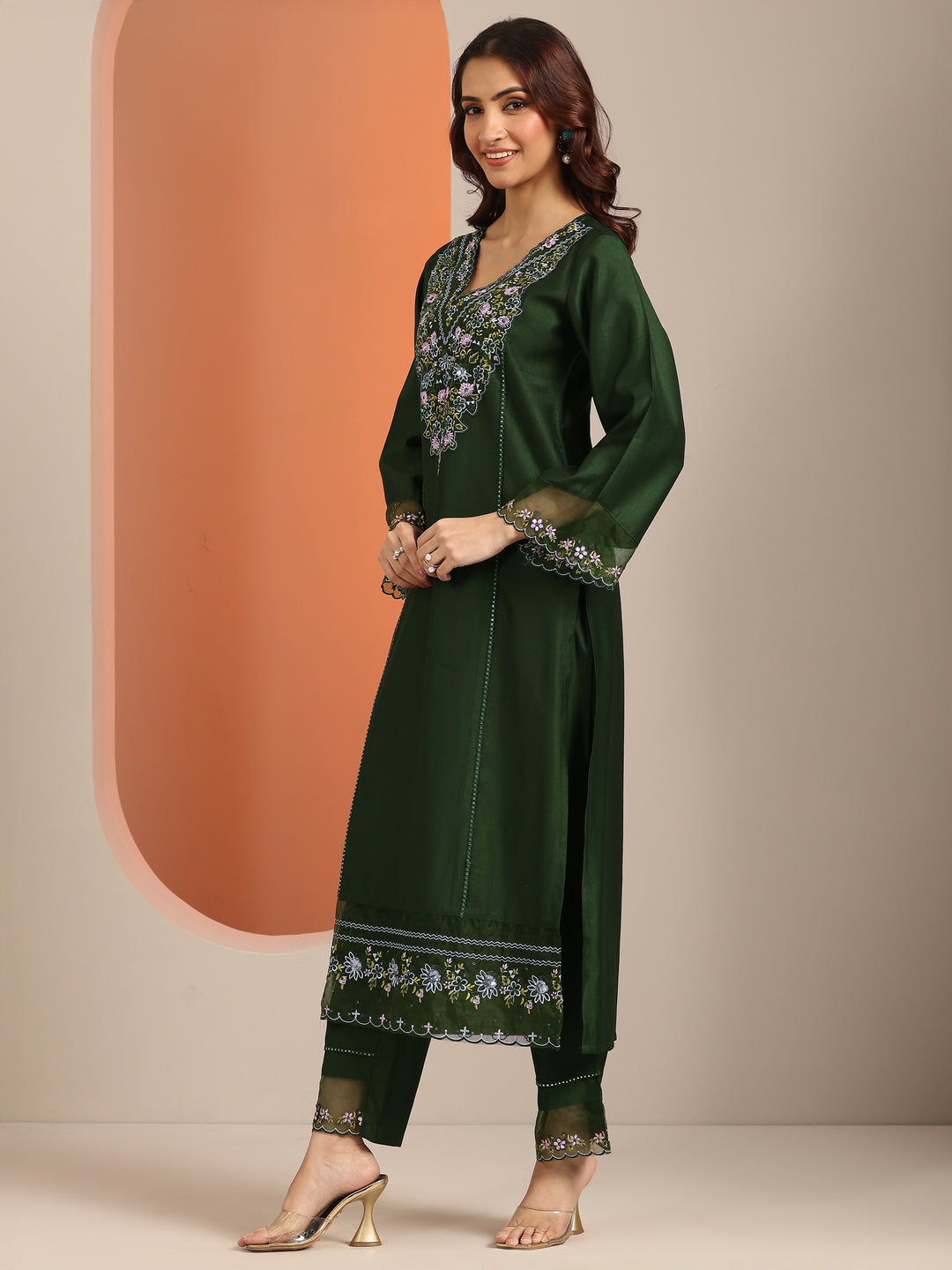  Green Embroidered Silk Blend Straight Suit Set With Dupatta 
