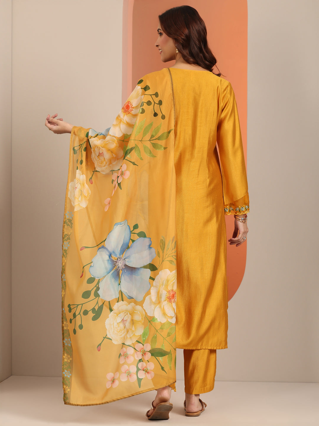  Mustard Embroidered Silk Blend Straight Suit Set With Dupatta 
