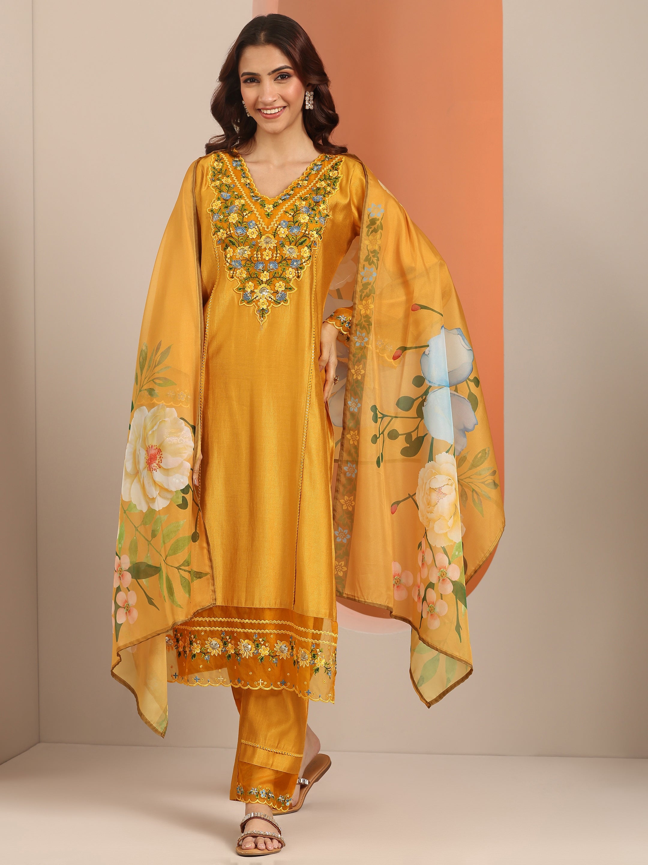 libas Mustard Embroidered Silk Blend Straight Suit Set With Dupatta-picture-64