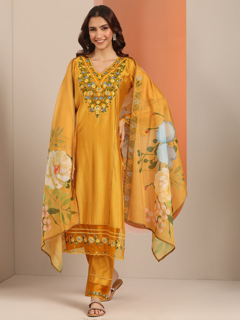 Libas Mustard Embroidered Silk Blend Straight Suit Set With Dupatta