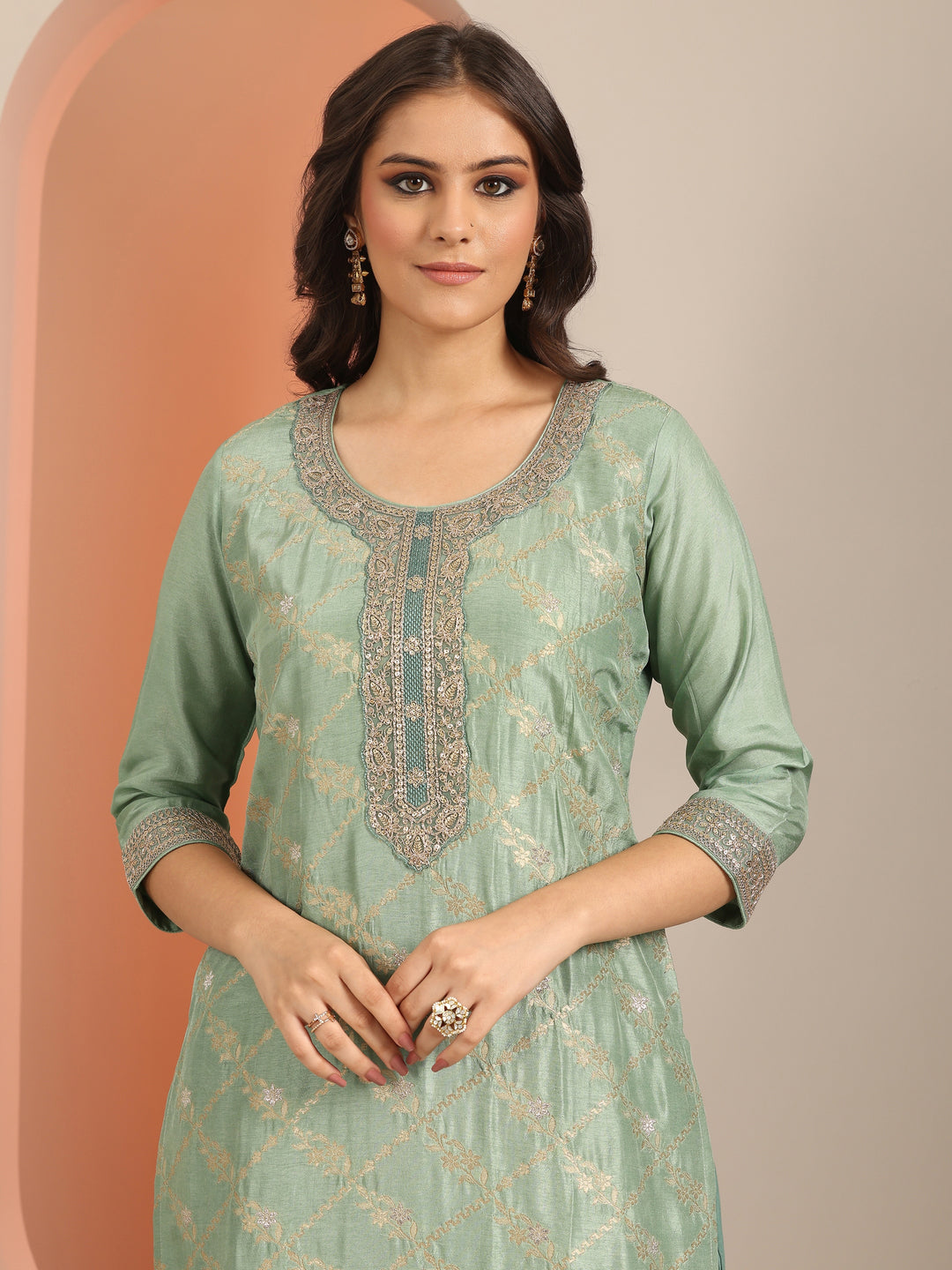  Libas Art Green Woven Design Silk Blend Straight Suit Set With Dupatta 