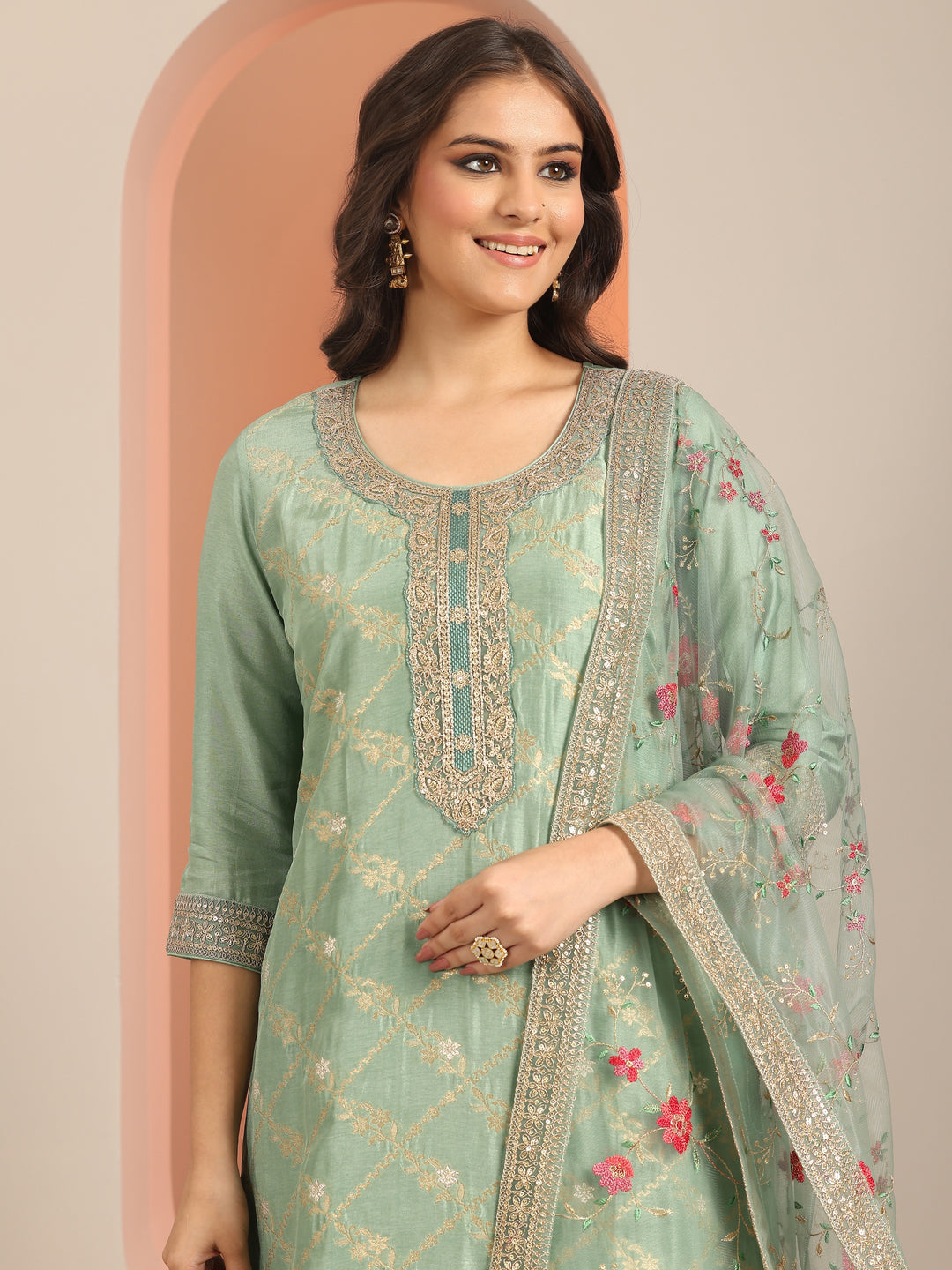  Libas Art Green Woven Design Silk Blend Straight Suit Set With Dupatta 