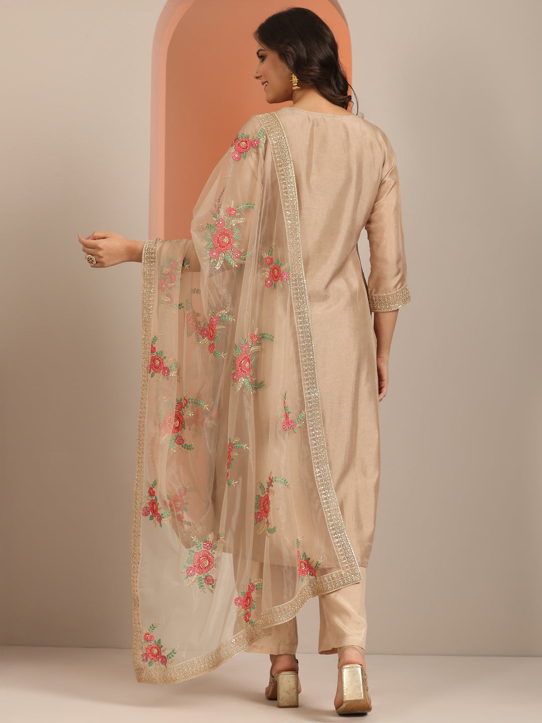  Libas Art Tan Woven Design Silk Blend Straight Suit Set With Dupatta 