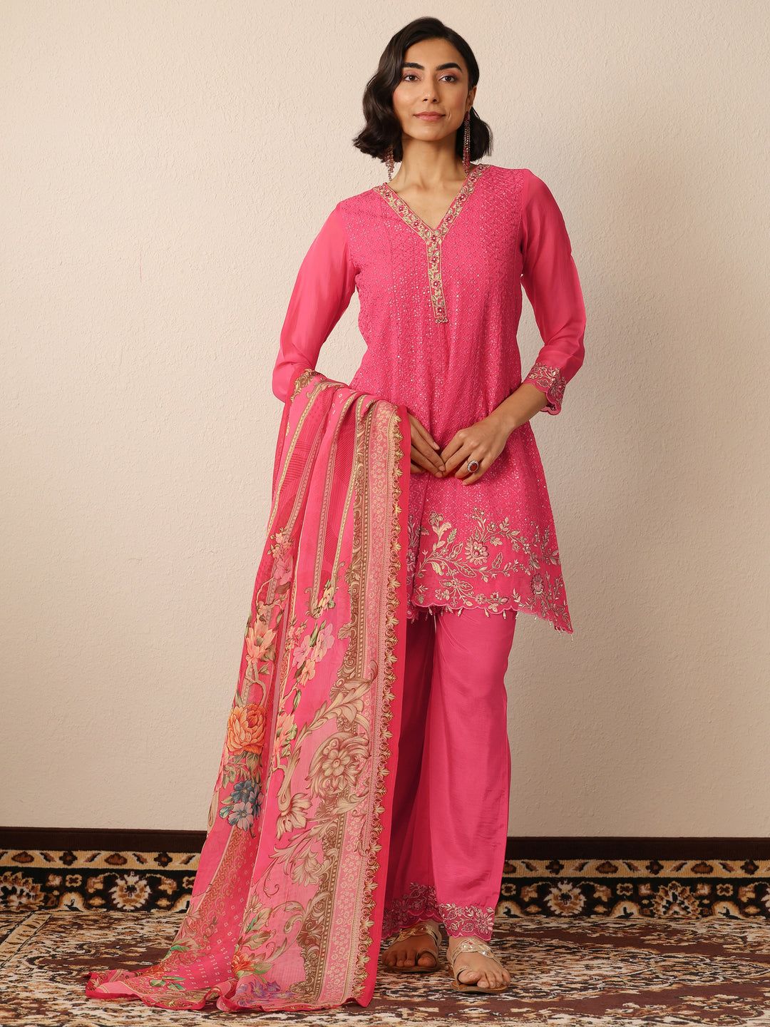  Libas Art Coral Embroidered Organza Suit Set With Dupatta 